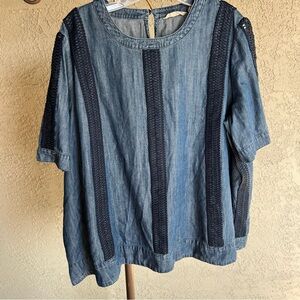 Soft Surroundings Blue Chambray Top with Crochet Details Size 2X
